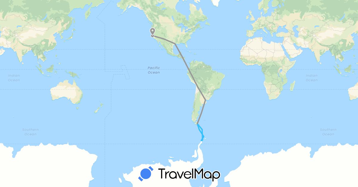 TravelMap itinerary: driving, plane, boat in Antarctica, Argentina, United States (Antarctica, North America, South America)